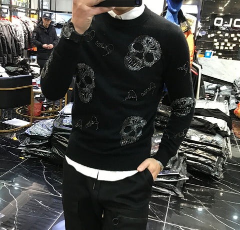 Men's 2020 winter Korean style personality fit fashion brand skull heavy technology hot drilling sweater man